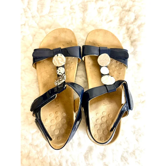 Vionic Farra Orthaheel Navy Patent Leather Sandals Women Size 8 - Picture 1 of 9